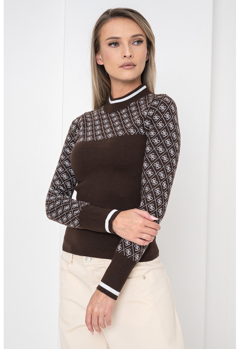 Pulover cu guler scurt si garnitura cu model - Alb/Maro inchis