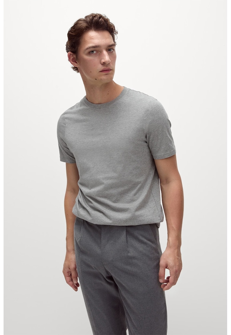 Tricou regular fit cu decolteu la baza gatului - Gri melange