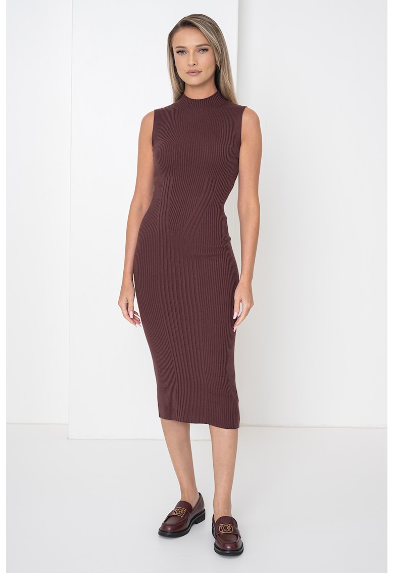 Rochie cambrata din amestec de casmir si matase cu guler inalt - Maro inchis