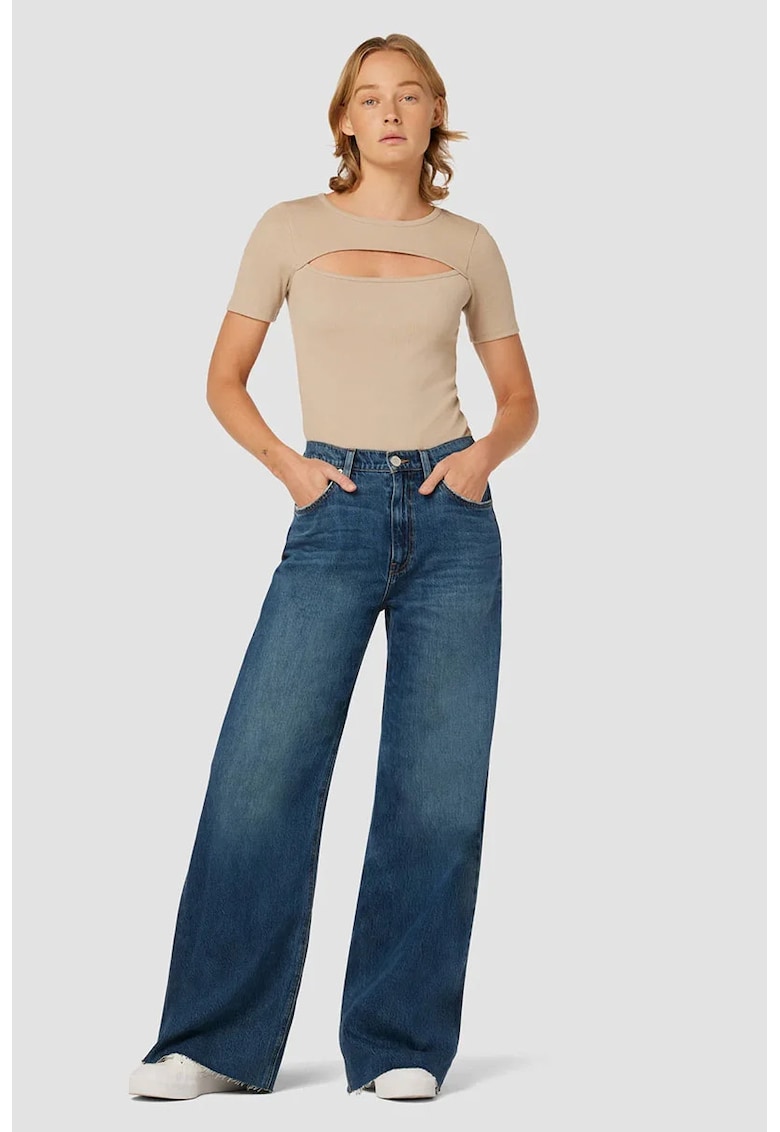 Blugi din denim soft cu terminație tip deteriorată - Albastru
