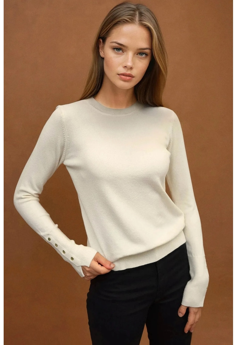 Pulover dama -  tricotat cu guler rotund si nasturi - crem - tricot