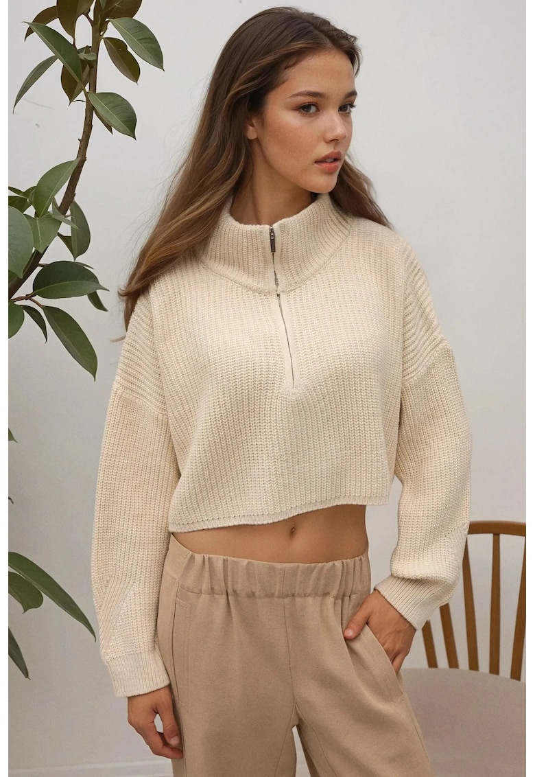Pulover dama  gros tricotat cu guler cu fermoar - scurt - tricot - Fildes Natural -