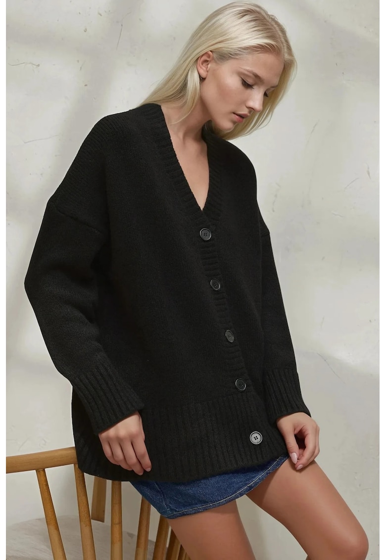 Cardigan tricotat din material gros -  decolteu in V - tricot - Negru -