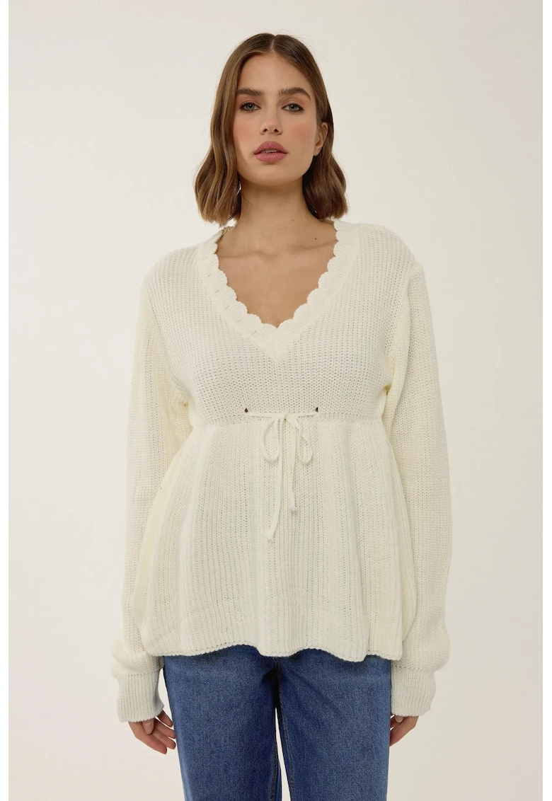 Pulover dama  decolteu in V - detalii elegante - natural - tricot