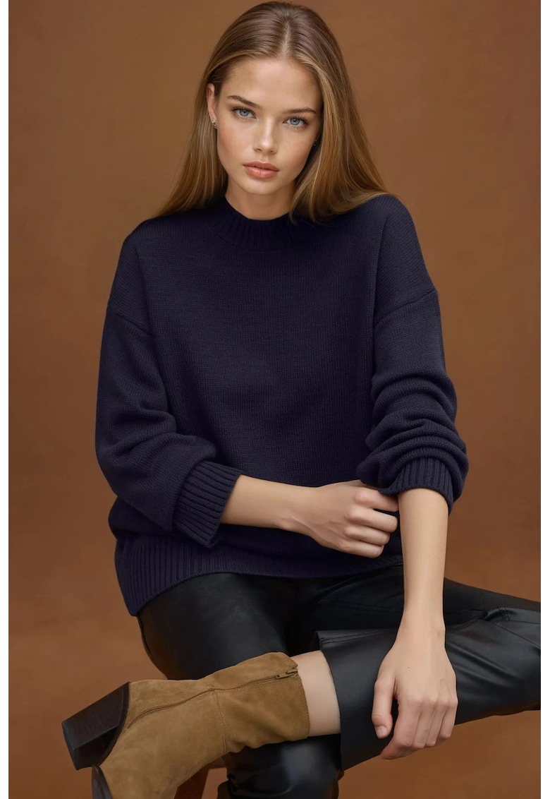 Pulover dama -  lung tricotat - guler rotund - albastru inchis - tricot
