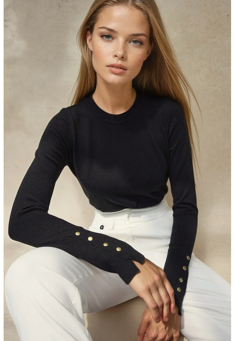 Pulover dama -  tricotat - guler rotund - detalii cu nasturi - negru - tricot