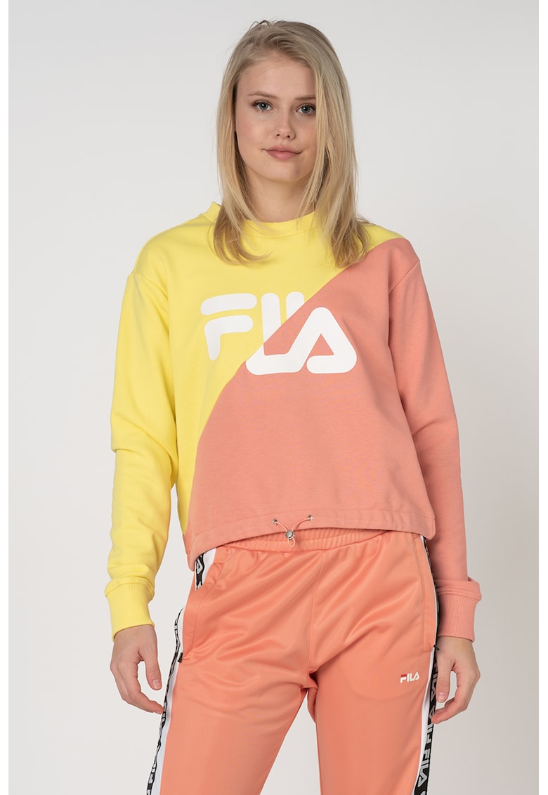 Bluza sport crop cu imprimeu logo Banji - Galben/Roz pastel