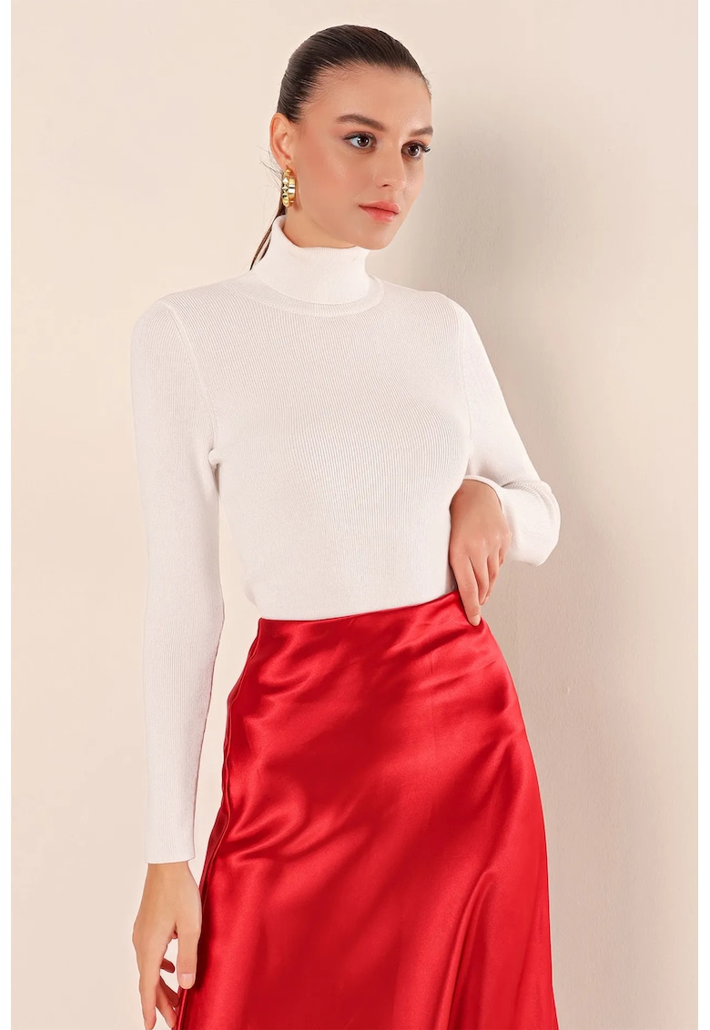 Pulover dama - BigDart - guler inalt - nervuri - tricot - Alb -