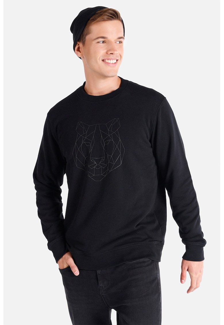 Bluza sport cu decolteu la baza gatului si imprimeu - Negru
