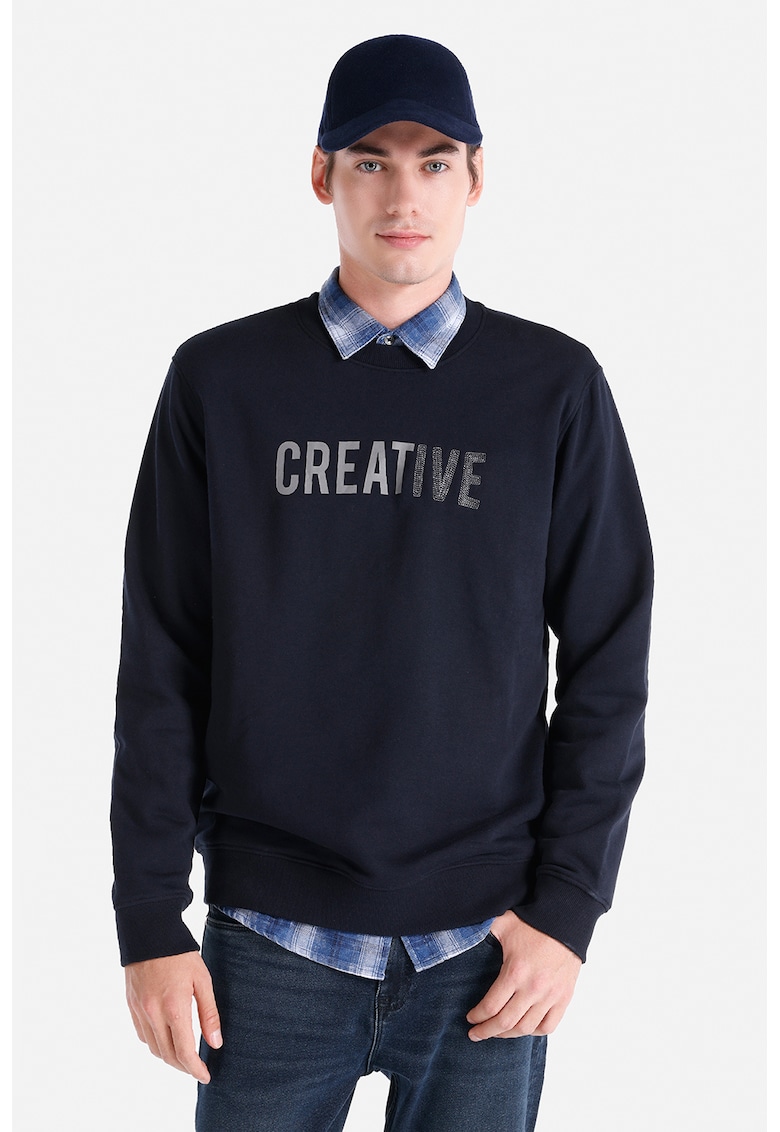 Bluza sport din bumbac cu imprimeu text - Bleumarin