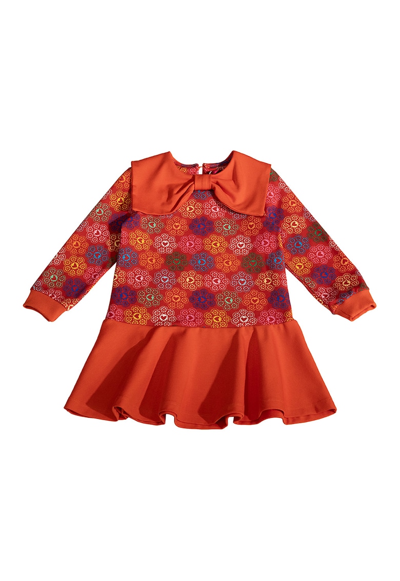 Rochie evazata cu model si guler cu funda - Multicolor
