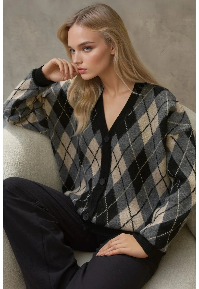 Cardigan lung tricotat -  imprimeu geometric - decolteu in V - tricot - Negru -