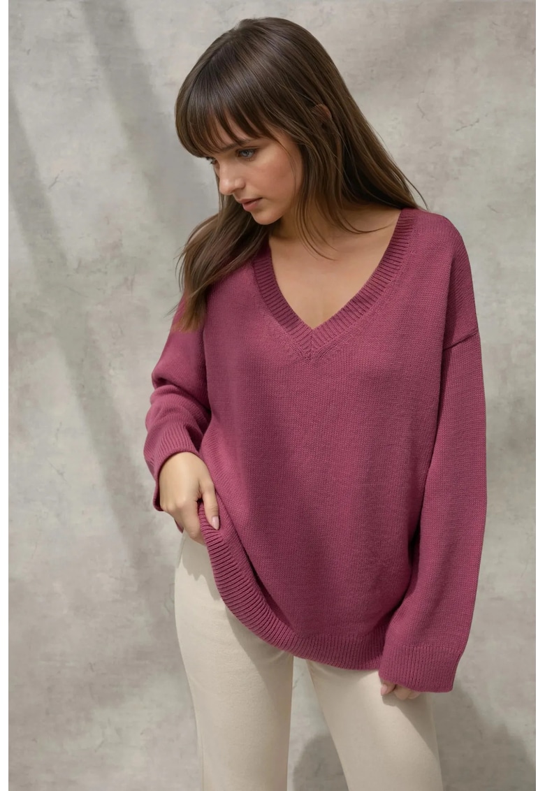 Pulover dama -  tricotat gros - decolteu in V - mov - tricot