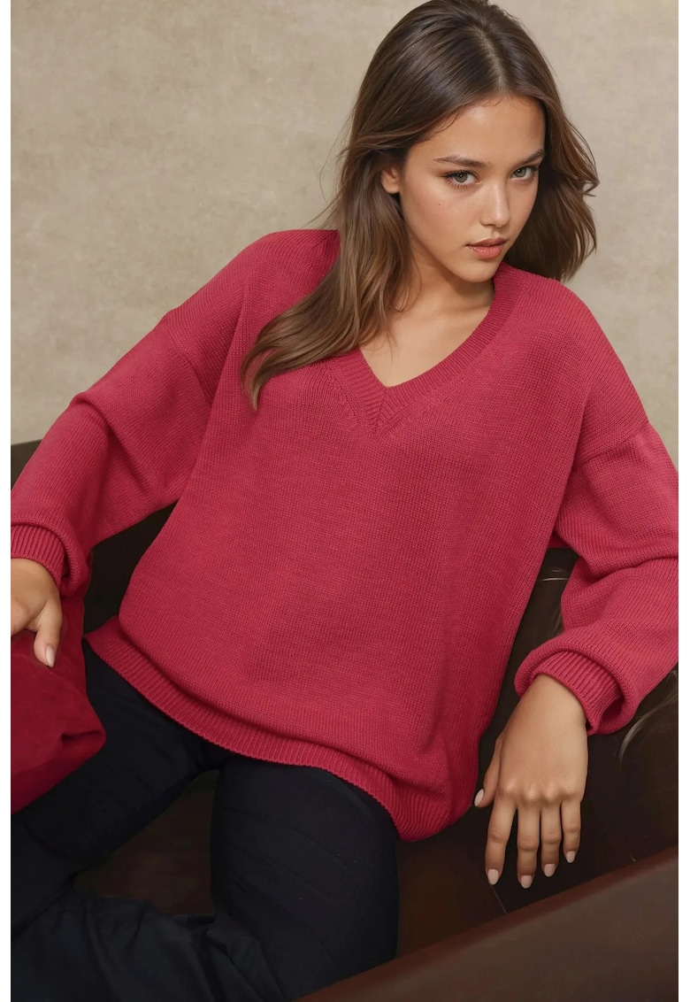 Pulover dama -  tricotat gros - decolteu in V - rosu - tricot