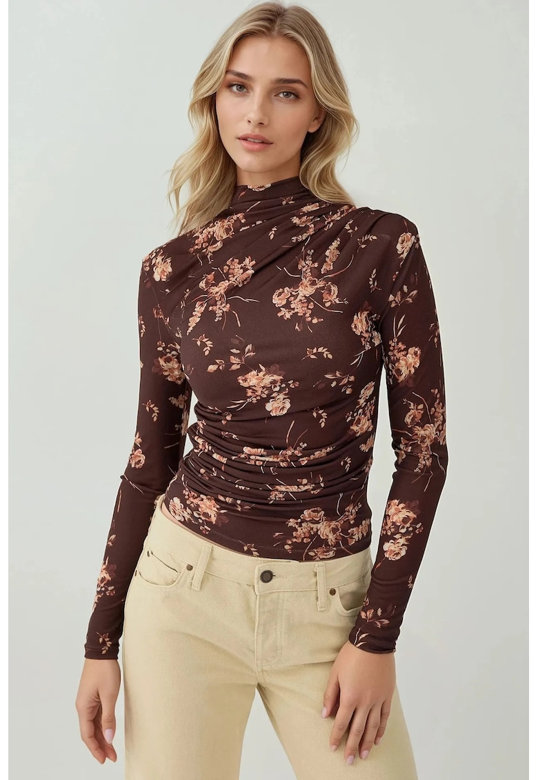 Bluza dama -  imprimeu floral - maneca lunga - jerseu - maro