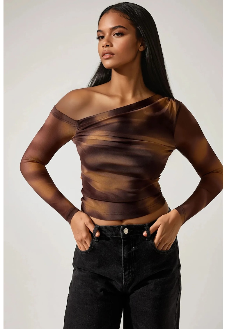 Bluza dama  decolteu asimetric - poliester/elastan - maro