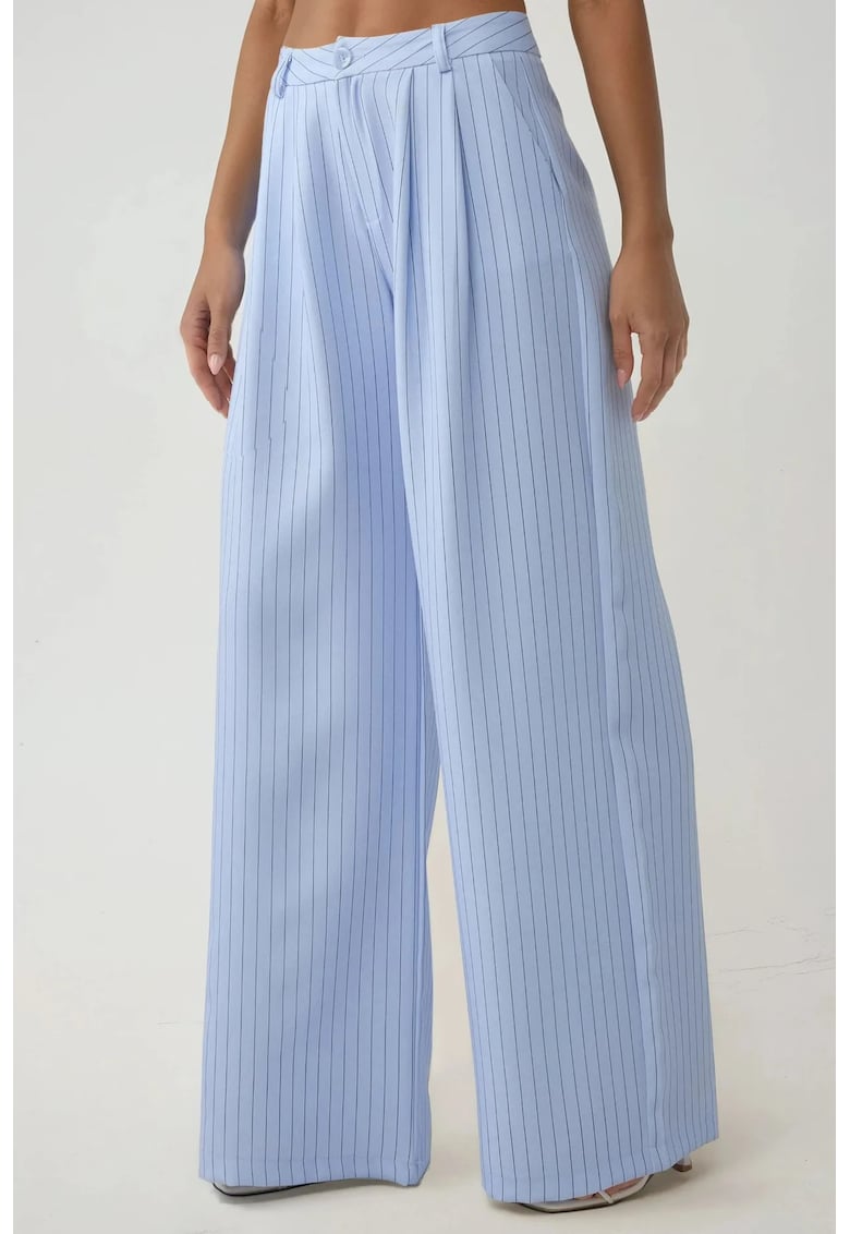 Pantaloni dama -  largi cu talie inalta - dungi - albastru - poliester