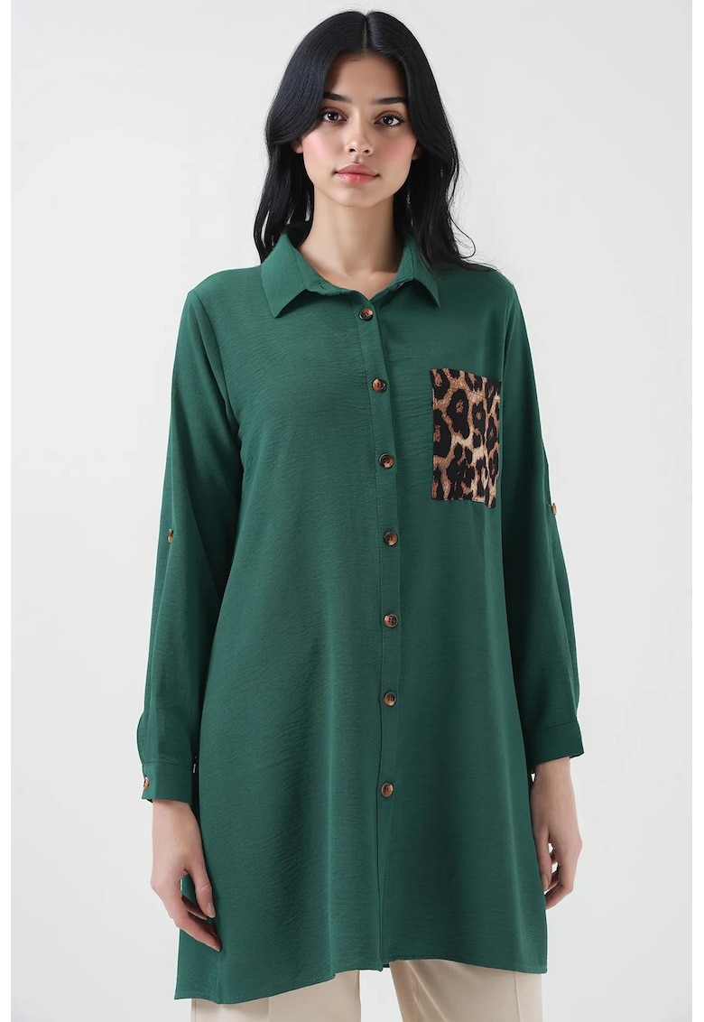 Camasa dama -  tunica cu detalii de buzunare - verde smarald - textil