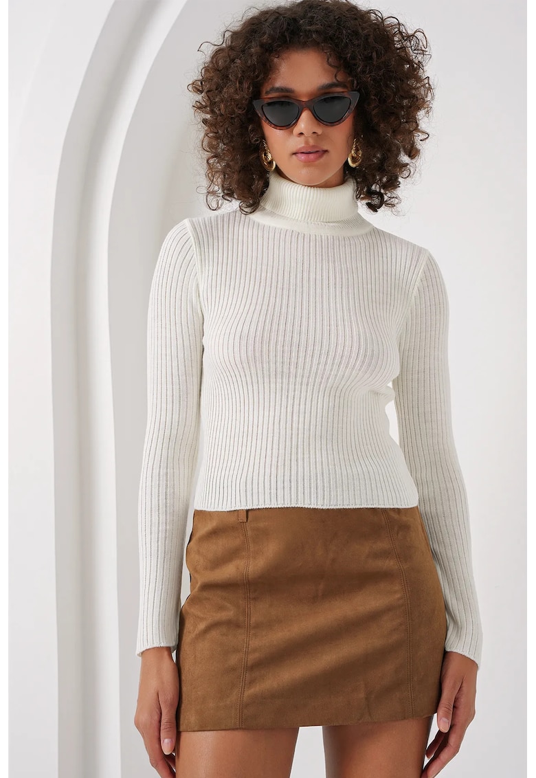 Pulover dama - BigDart - crop - guler tricotat - Alb -