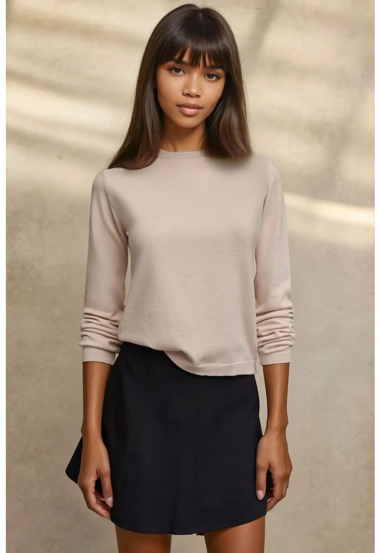 Pulover dama -  basic - guler rotund - bej - tricot
