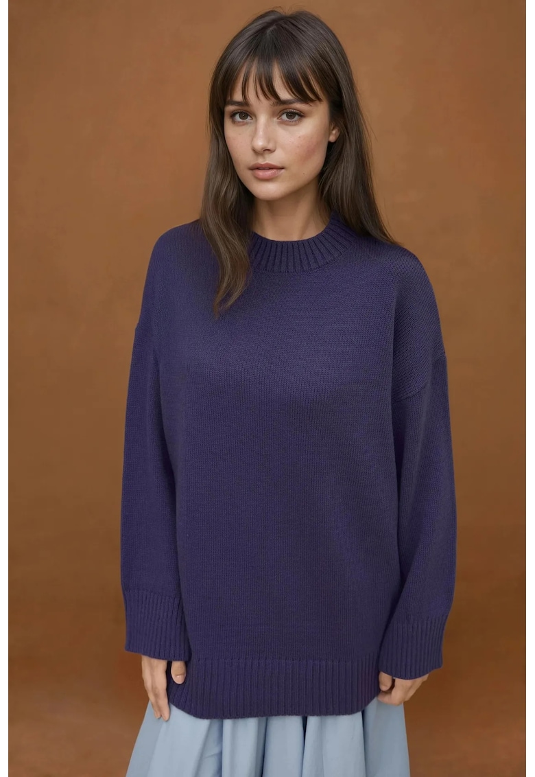 Pulover dama -  lung tricotat din material gros - guler rotund - albastru lavanda - tricot