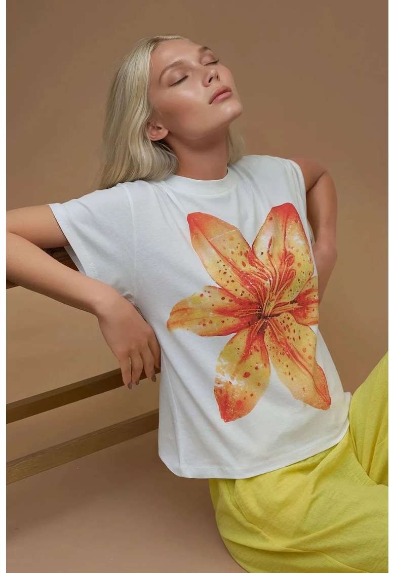 Tricou dama  imprimeu - croiala regulata - portocaliu pal - bumbac