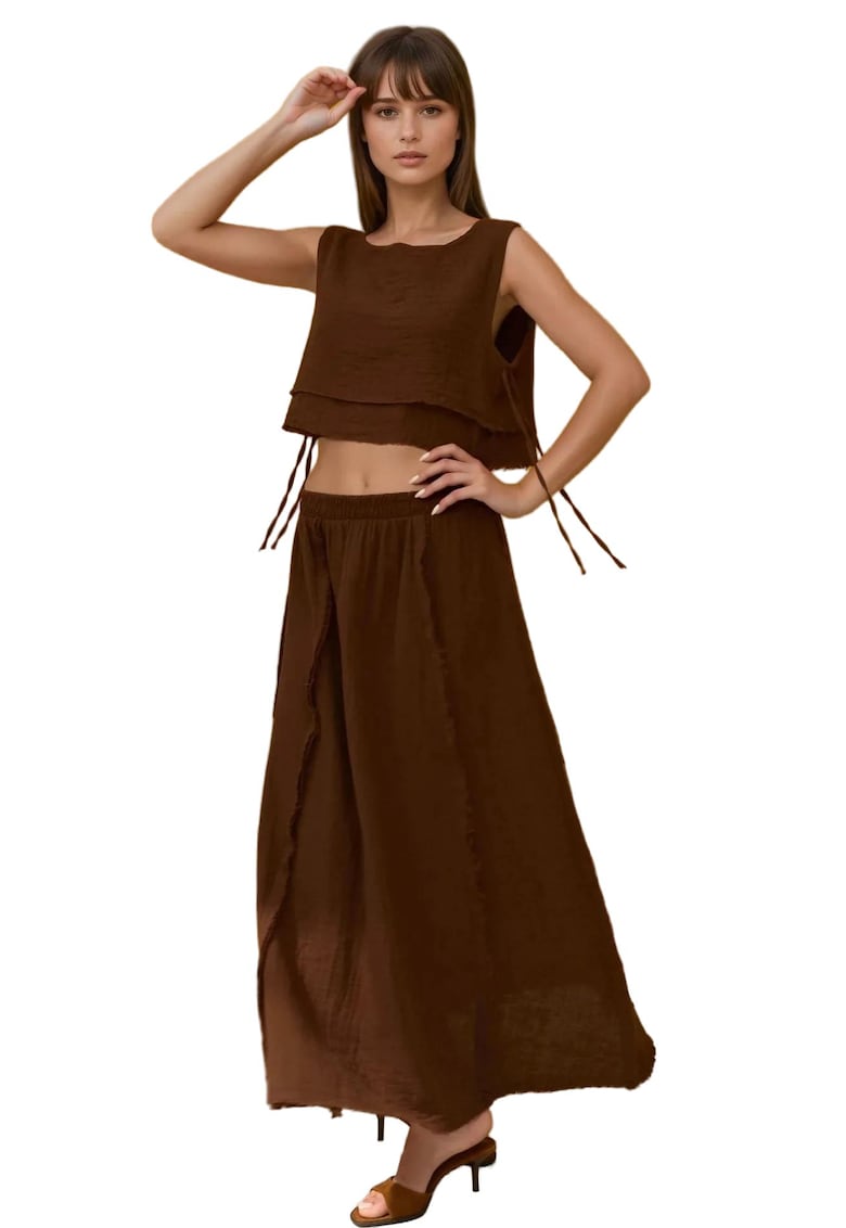 Oferte la Set coordonat -  bluza cu legaturi laterale - fusta elastica - maro - muselina
