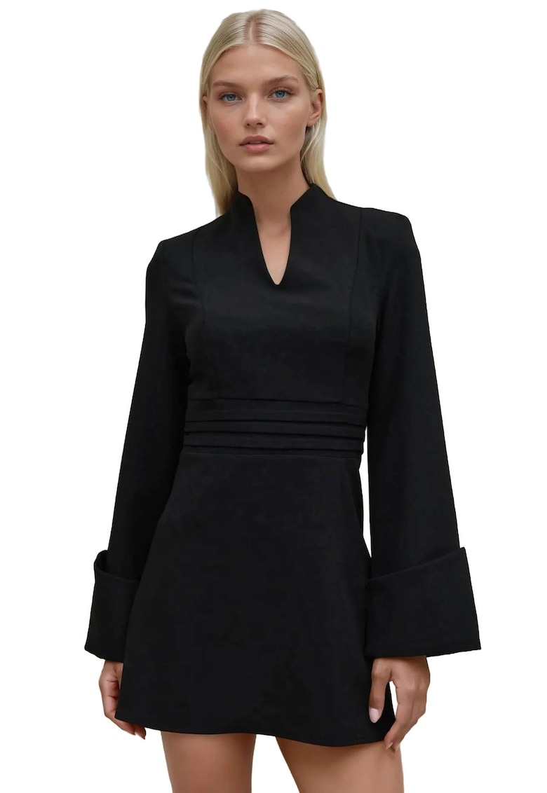 Rochie mini -  decolteu in V - maneci lungi - textil - Negru
