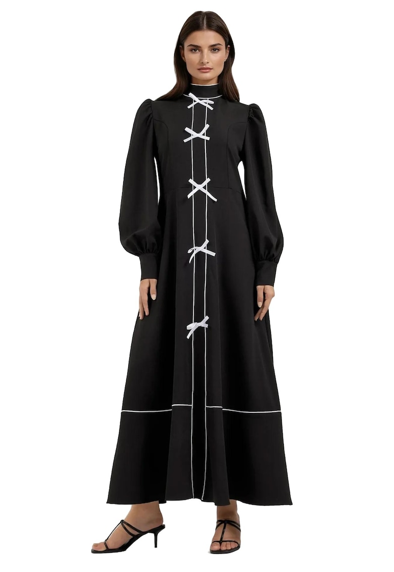 Rochie maxi  color block - guler inalt - textil - Negru