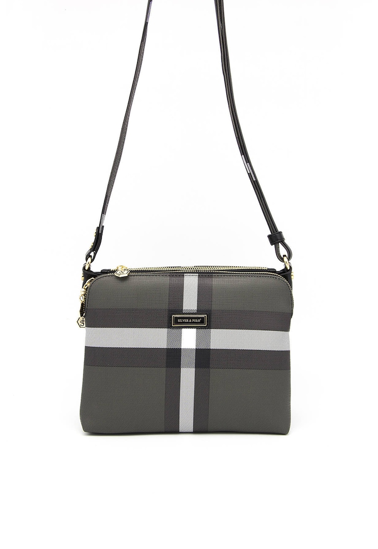 Geanta crossbody de piele ecologica cu in carouri - Negru - Alb/Negru stins - 21x27x10