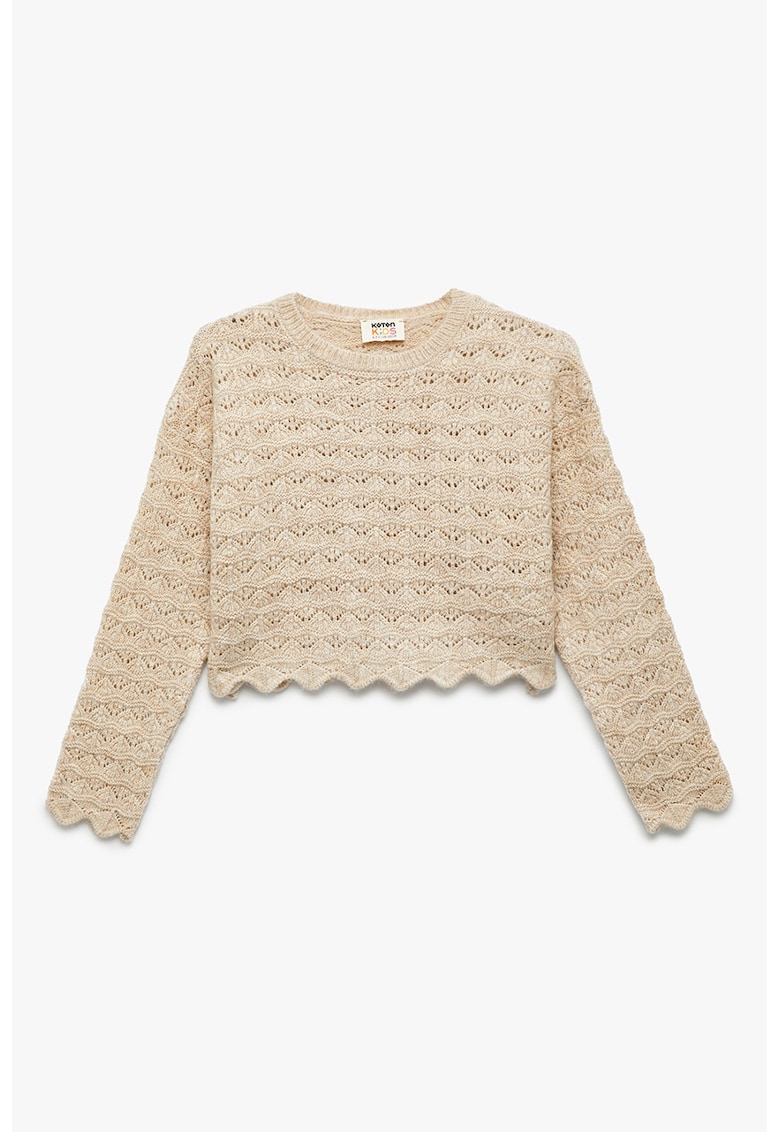 Pulover crop cu terminatii valurite - Crem