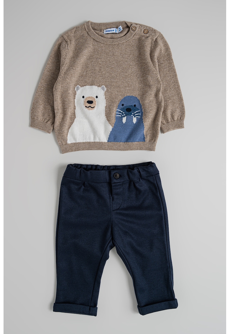 Set de pulover cu model si pantaloni - 2 piese - Alb/Albastru ultramarin/Maro deschis melange