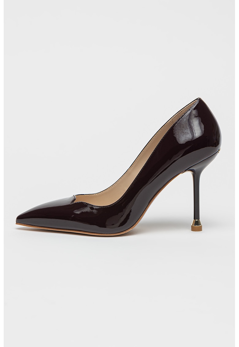 Pantofi de piele ecologica lacuita cu varf ascutit si toc - Violet aubergine