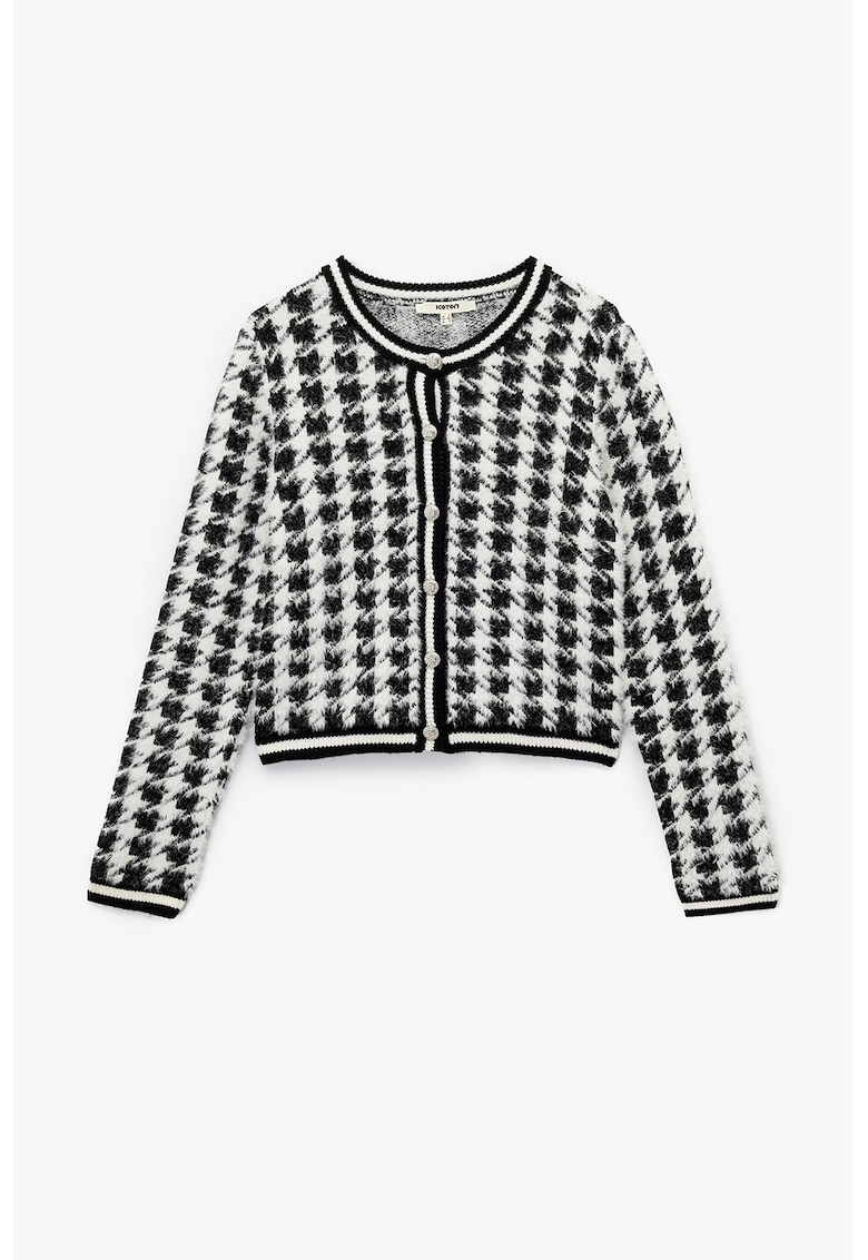 Cardigan pufos cu modle houndstooth - Alb/Negru