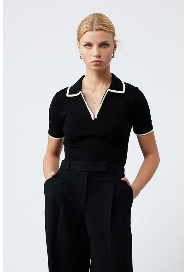 Tricou polo din tricot cu fermoar scurt - Alb/Negru