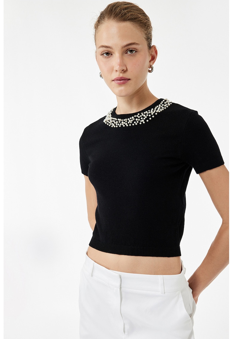 Tricou crop din tricot cu decolteu decorativ - Negru/Argintiu