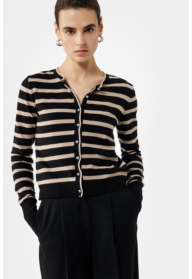 Cardigan tricotat fin cu model in dungi - Negru/Maro nisip