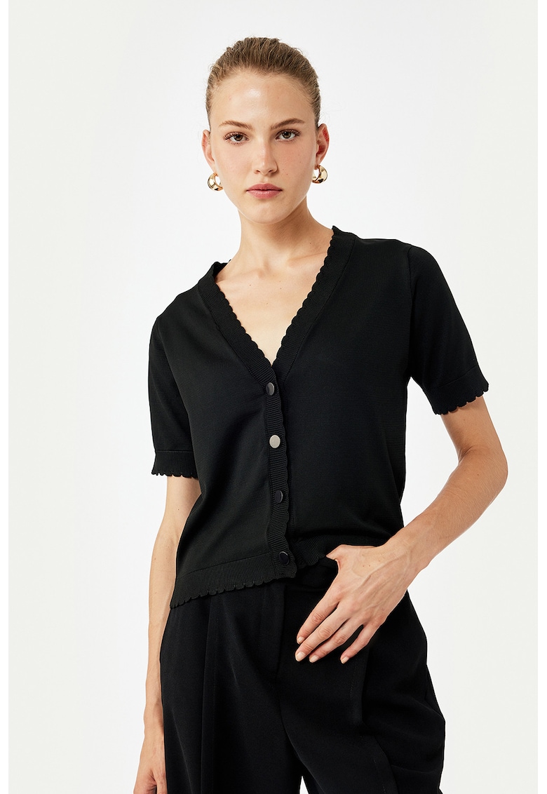 Cardigan cambrat crop cu terminatii valurite - Negru