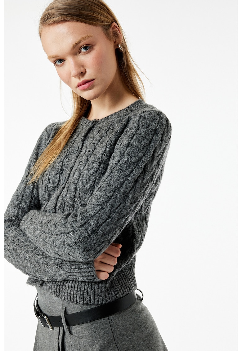 Cardigan crop cu nasturi - Gri inchis melange