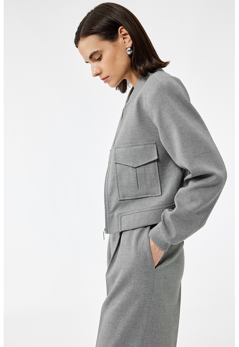 Jacheta crop cu buzunare cu clapa - Gri