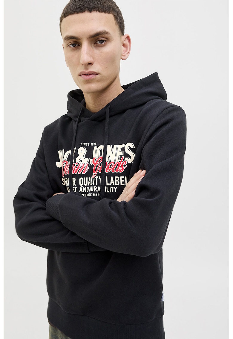 Hanorac din amestec de bumbac organic cu logo - Alb/Negru/Coral