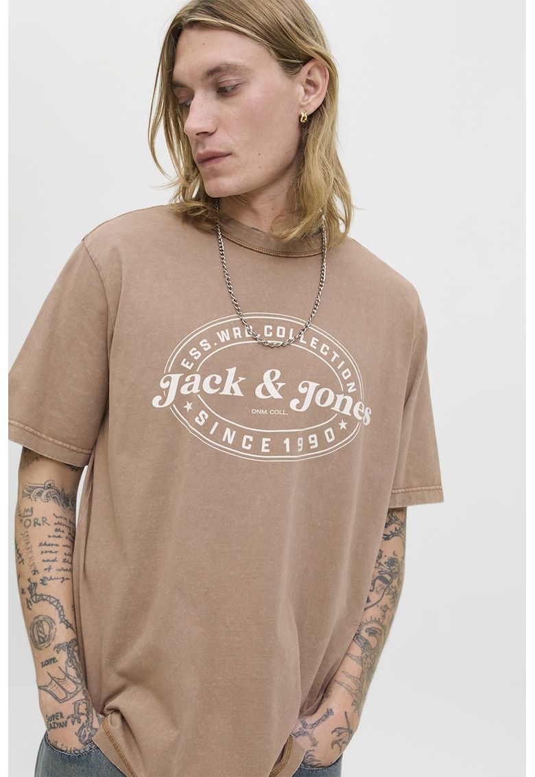 Tricou cu imprimeu si maneci cazute - Alb/Maro taupe