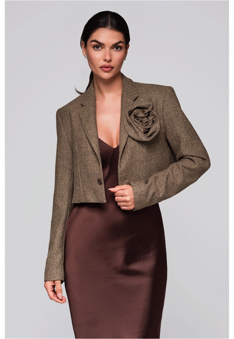 Sacou scurt elegant cu floare cusuta  LW-BLZB-0100 - Bej inchis