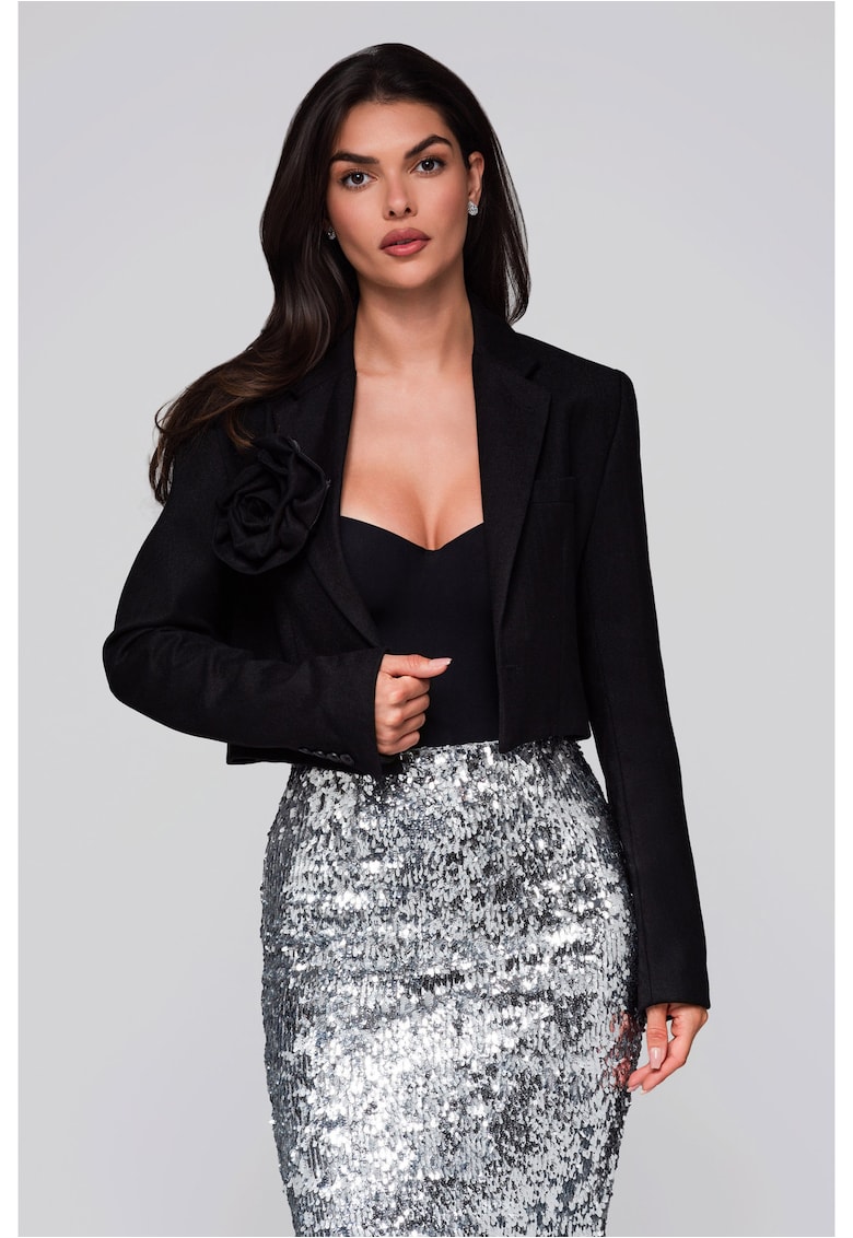Sacou scurt elegant cu floare cusuta  LW-BLZB-0100 - Negru