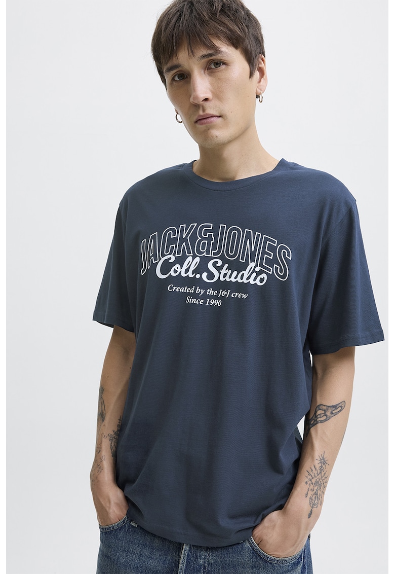 Tricou de bumbac cu imprimeu si decolteu la baza gatului - Gri/Gri carbune