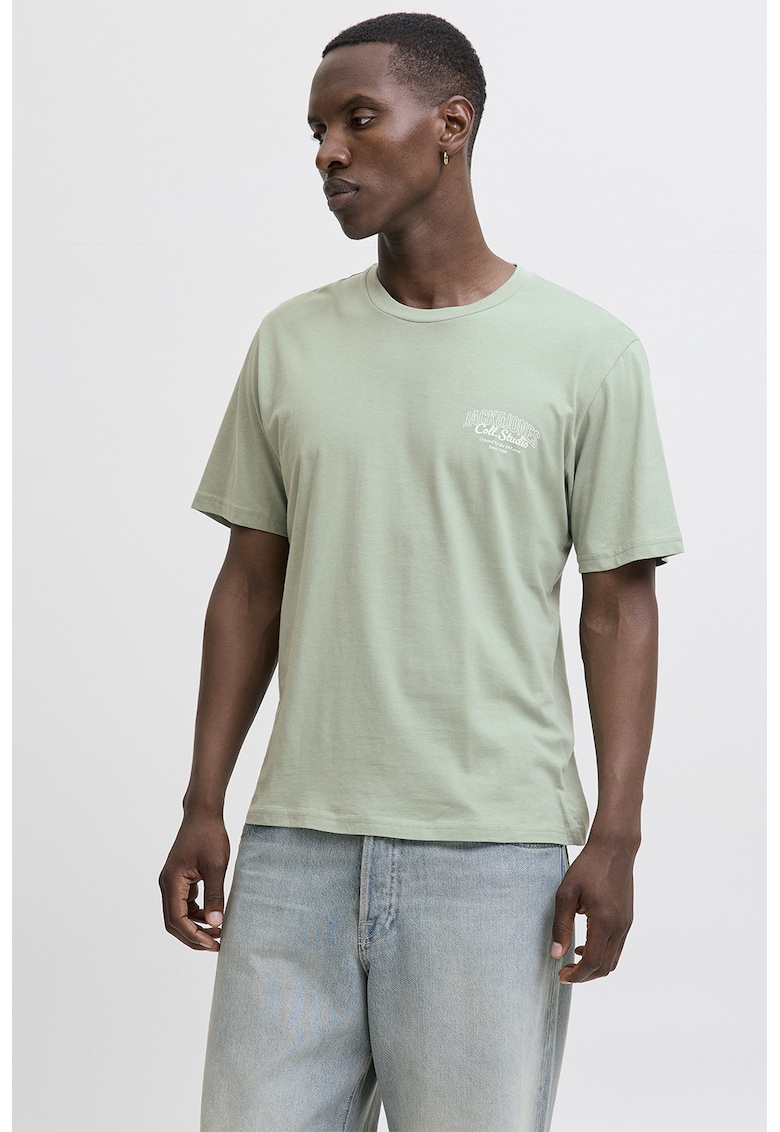 Tricou de bumbac cu imprimeu si decolteu la baza gatului - Gri cenusiu