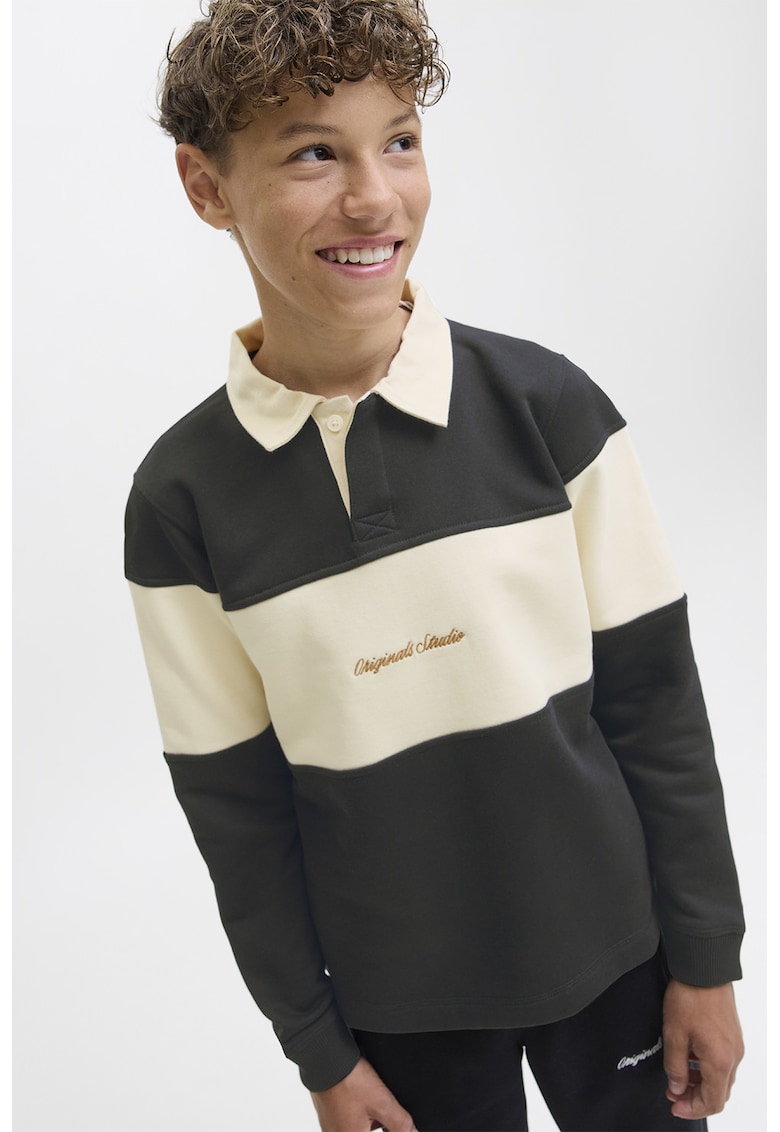 Bluza de trening cu guler polo - Negru stins/Crem