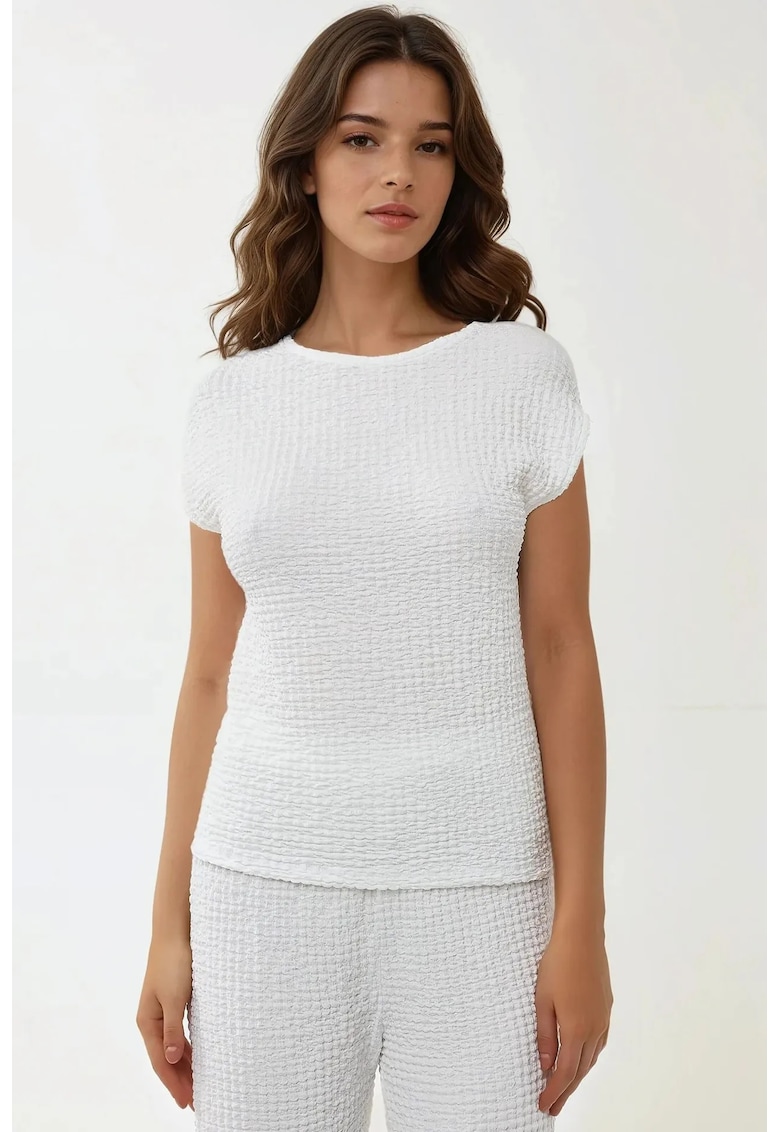 Bluza dama -  texturata - guler rotund - maneca scurta - alb - jerseu