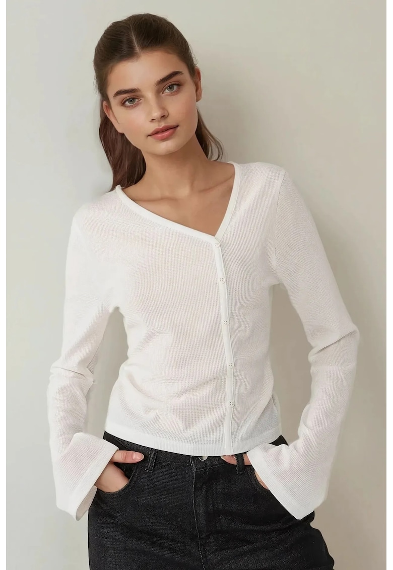 Bluza dama -  tip waffle texturata - decolteu asimetric - alb - jerseu