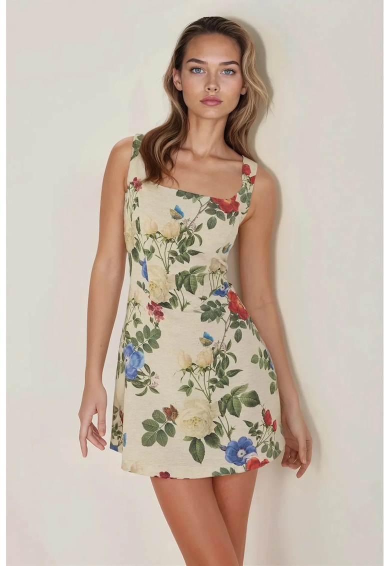 Rochie mini -  floral - decolteu patrat - multicolor - textil